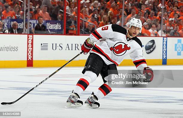 Dainius Zubrus of the New Jersey Devils in action against the Philadelphia Flyers in Game One of the Eastern Conference Semifinals during the 2012...
