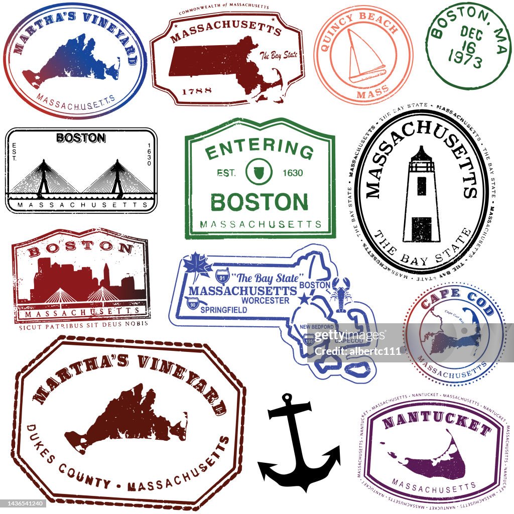 Massachusetts Retro Travel Stamps