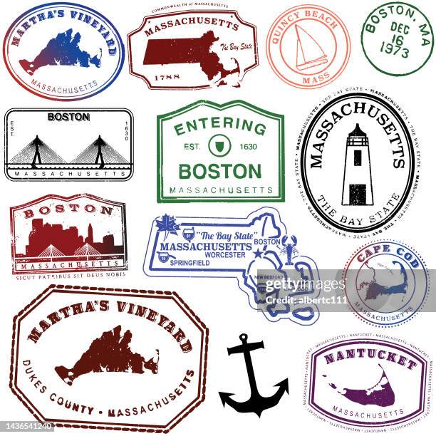 massachusetts retro travel stamps - marthas vineyard stock illustrations