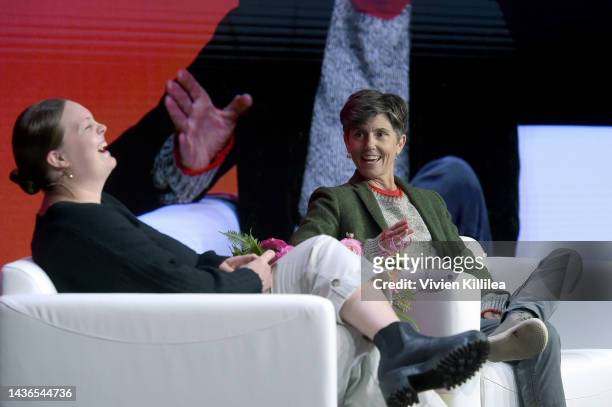 Comedian/Actor Grace Kuhlenschmidt and Comedian/Writer/Actor Tig Notaro speak onstage during The 2022 MAKERS Conference at Waldorf Astoria Monarch...
