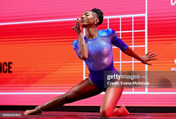 American Gymnast Nia Dennis performs onstage during The 2022 MAKERS Conference at Waldorf Astoria Monarch Beach on October 25, 2022 in Dana Point,...