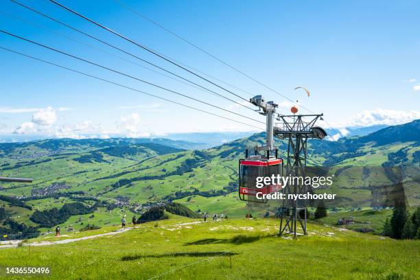 cable car climbs to the top of ebenalp, switzerland - appenzell innerrhoden stock pictures, royalty-free photos & images