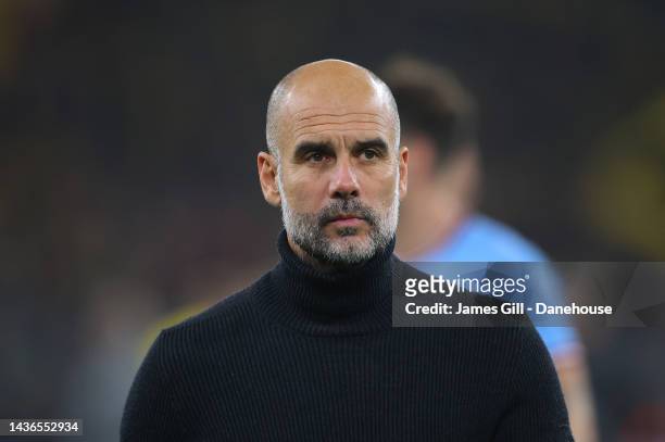 Pep Guardiola the manager of Manchester City looks on after the UEFA Champions League group G match between Borussia Dortmund and Manchester City at...