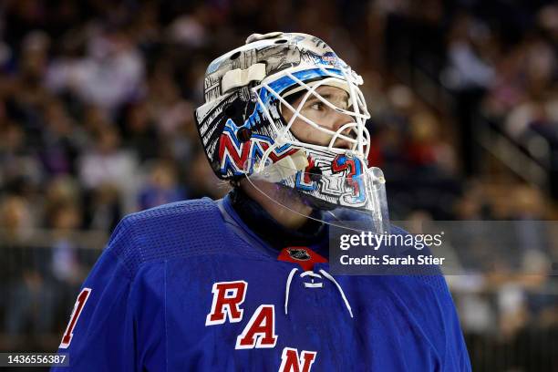 Igor Shesterkin of the New York Rangers looks on during the first period against the Colorado Avalanche at Madison Square Garden on October 25, 2022...