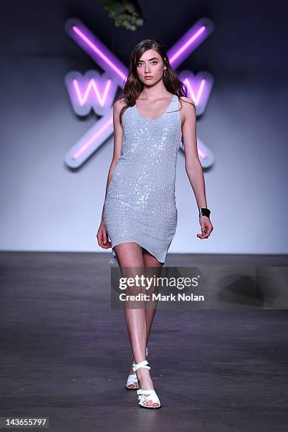 Model showcases designs by Watson X Watson on the catwalk on day three of Mercedes-Benz Fashion Week Australia Spring/Summer 2012/13 at Overseas...