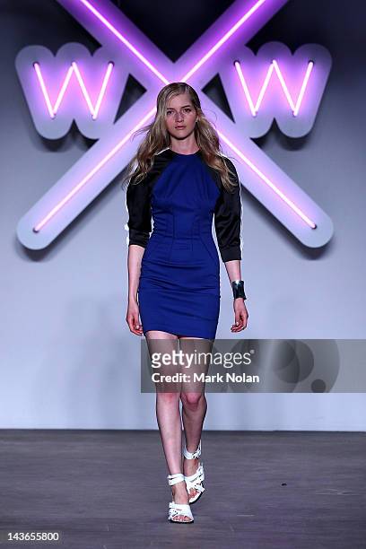 Model showcases designs by Watson X Watson on the catwalk on day three of Mercedes-Benz Fashion Week Australia Spring/Summer 2012/13 at Overseas...
