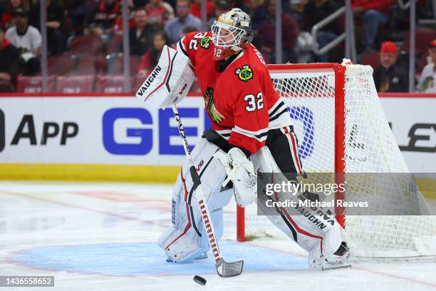 Alex Stalock of the Chicago Blackhawks tends the net against the Florida Panthers during the first period at United Center on October 25, 2022 in...