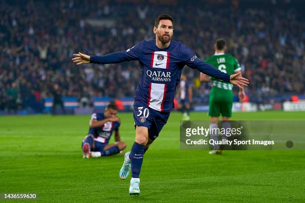 Lionel Messi of Paris Saint-Germain celebrates after scoring his team's opening goal during the UEFA Champions League group H match between Paris...