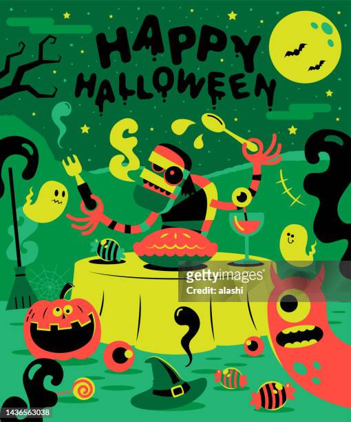 stockillustraties, clipart, cartoons en iconen met a mysterious mummy sitting at a table and going to eat a meal, happy halloween - yummy mummy