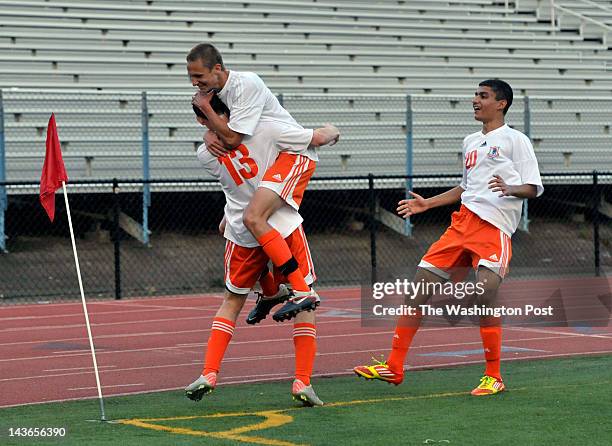 Springfield, VA West Springfield's Nicholas Polo Sanchez jumps on Charles Race after Race scores West Springfield's second goal on May 1, 2012. West...