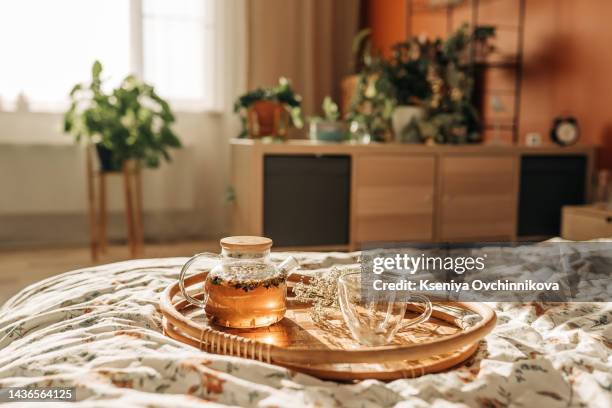 bed with beige knitted blanket, cup of tea, cookies and vase with coniferous twig on wooden tray. christmas or new year winter home interior decor. holiday decorated room. white stylish cozy bedroom. - soft drink stock-fotos und bilder