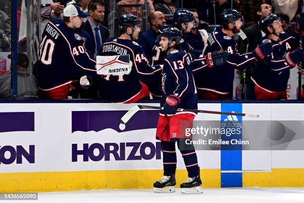 Johnny Gaudreau of the Columbus Blue Jackets celebrates his goal during the third period against the Arizona Coyotes at Nationwide Arena on October...