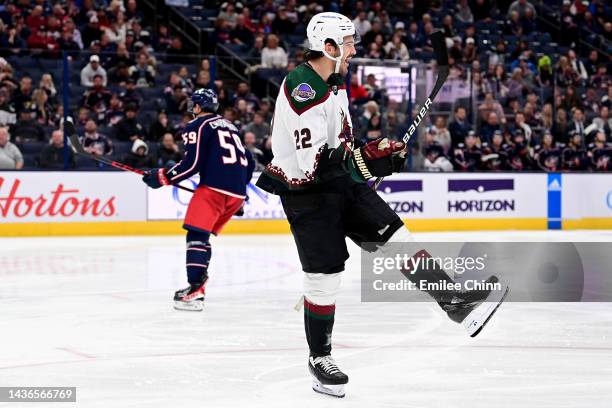 Jack McBain of the Arizona Coyotes celebrates his goal during the third period against the Columbus Blue Jackets at Nationwide Arena on October 25,...