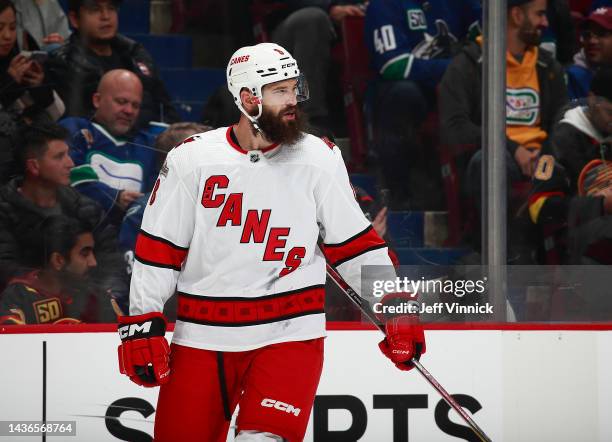 Brent Burns of the Carolina Hurricanes skates up ice during their NHL game against the Vancouver Canucks at Rogers Arena October 24, 2022 in...