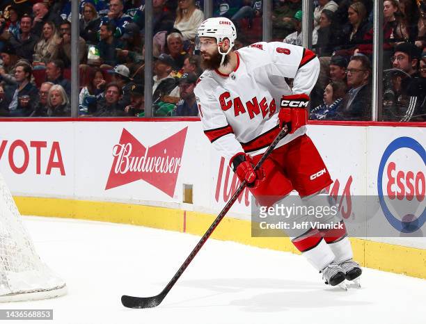 Brent Burns of the Carolina Hurricanes skates up ice during their NHL game against the Vancouver Canucks at Rogers Arena October 24, 2022 in...