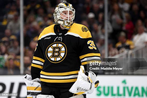Linus Ullmark of the Boston Bruins looks on against the Dallas Stars during the second period at TD Garden on October 25, 2022 in Boston,...
