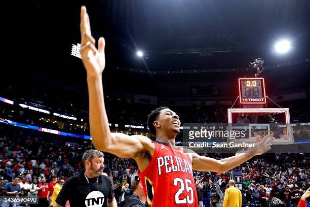 Trey Murphy III of the New Orleans Pelicans reacts after a 113-111 win over the Dallas Mavericks at Smoothie King Center on October 25, 2022 in New...