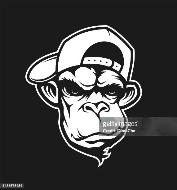 illustrations, cliparts, dessins animés et icônes de tête de gorille dans une silhouette découpée de casquette. singe, mascotte de personnage de singe - contrarié