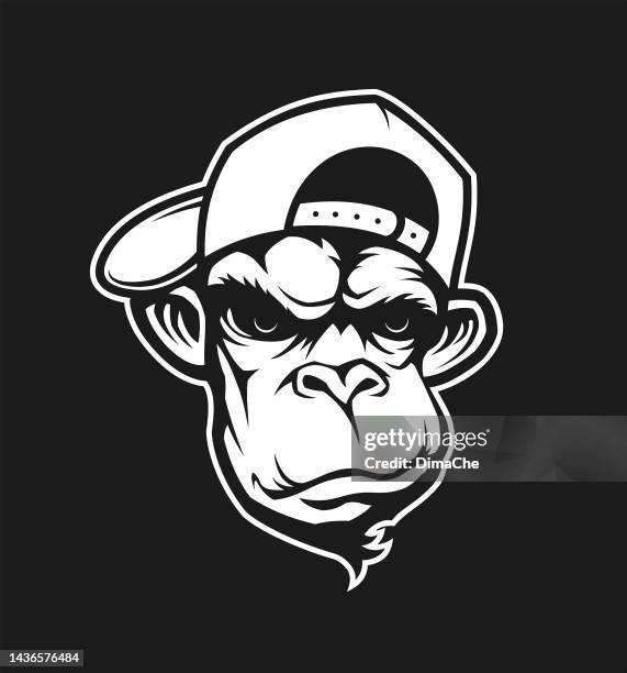 bildbanksillustrationer, clip art samt tecknat material och ikoner med gorilla head in a cap cut out silhouette. ape, monkey character mascot - chimpanzee