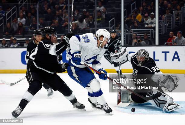 Brandon Hagel of the Tampa Bay Lightning scores a goal against Jonathan Quick of the Los Angeles Kings in the first period at Crypto.com Arena on...