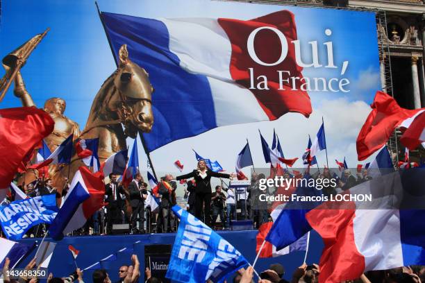 Marine Le Pen delivers a speech during the French Far Right Party May Day demonstration on May 1, 2012 in Paris, France. Marine Le Pen, the daughter...