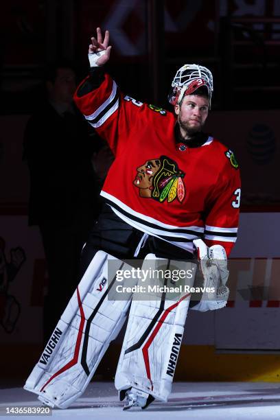 Alex Stalock of the Chicago Blackhawks is acknowledged after defeating the Florida Panthers 3-2 at United Center on October 25, 2022 in Chicago,...