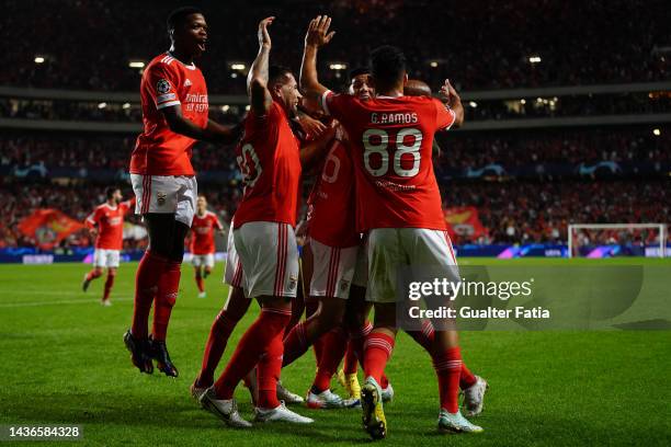 Antonio Silva of SL Benfica celebrates with teammates after scoring a goal during the Group H - UEFA Champions League match between SL Benfica and...