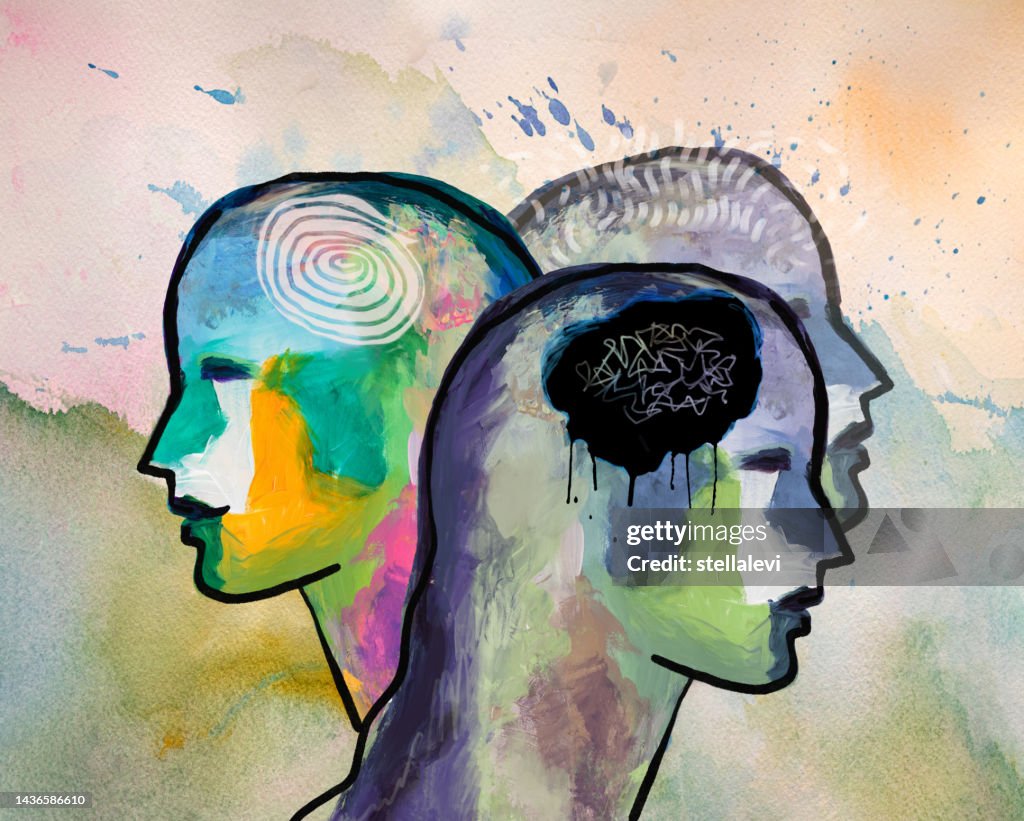 Profile view of a woman in three mental states. Mental health concept. mood changes