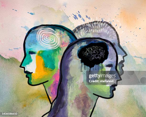profile view of a woman in three mental states. mental health concept. mood changes - invisible disability stock illustrations