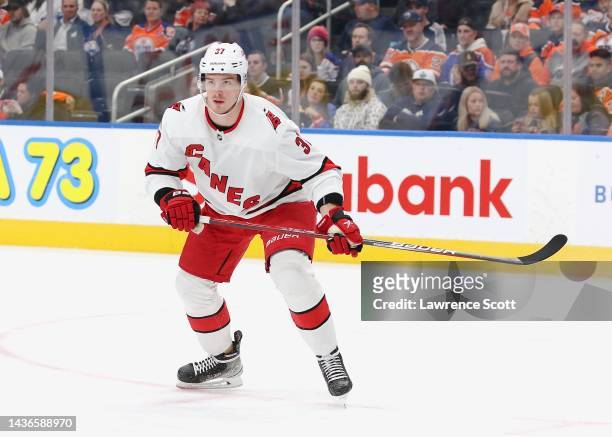 Andrei Svechnikov of the Carolina Hurricanes sets up in the slot against the Edmonton Oilers on October 20, 2022 at Rogers Place in Edmonton,...