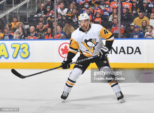 Jan Rutta of the Pittsburgh Penguins skates during the game against the Edmonton Oilers on October 24, 2022 at Rogers Place in Edmonton, Alberta,...