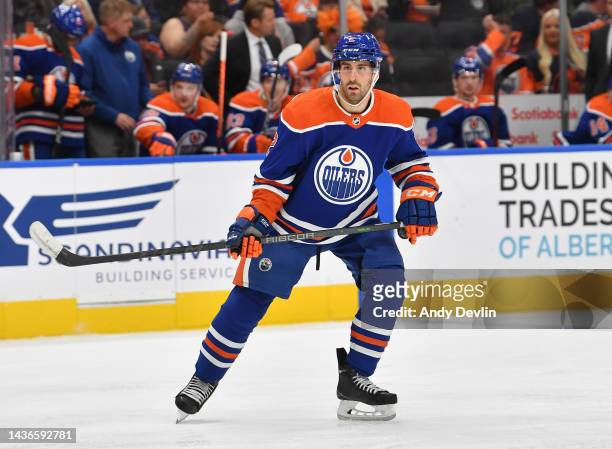 Evan Bouchard of the Edmonton Oilers skates during the game against the Pittsburgh Penguins on October 24, 2022 at Rogers Place in Edmonton, Alberta,...