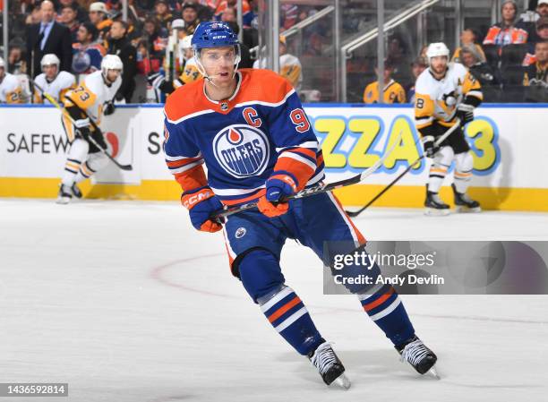 Connor McDavid of the Edmonton Oilers skates during the game against the Pittsburgh Penguins on October 24, 2022 at Rogers Place in Edmonton,...