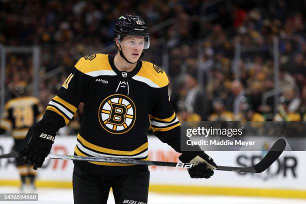 Trent Frederic of the Boston Bruins looks on during the third period against the Dallas Stars at TD Garden on October 25, 2022 in Boston,...