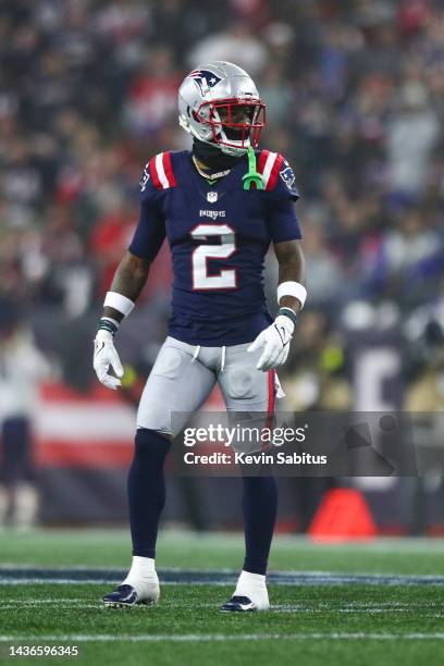 Jalen Mills of the New England Patriots lines up before a play during an NFL football game against the Chicago Bears at Gillette Stadium on October...