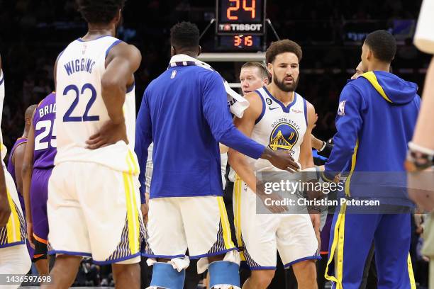 Klay Thompson of the Golden State Warriors reacts after receiving two technical fouls and a game ejection during the second half of the NBA game...