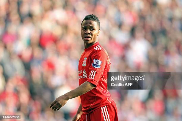 Liverpool's English-Jamaican midfielder Raheem Sterling looks on during the English Premier League football match between Liverpool and Wigan...