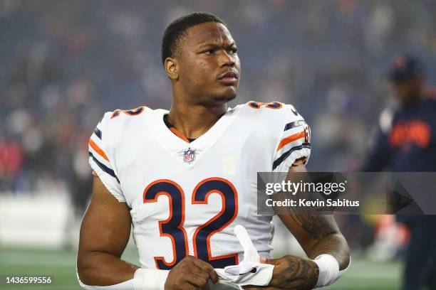 David Montgomery of the Chicago Bears stretches prior to an NFL football game against the New England Patriots at Gillette Stadium on October 24,...