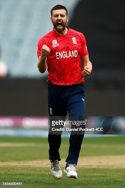 Mark Wood of England celebrates the wicket of Paul Stirling of Ireland for 14 runs during the ICC Men's T20 World Cup match between England and...