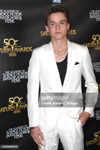 Maxwell Jenkins attends the 50th anniversary of The Saturn Awards at The Marriott Burbank Convention Center on October 25, 2022 in Burbank,...