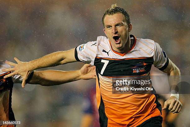 Besart Berisha of the Roar celebrates his goal against FC Tokyo during the AFC Asian Champions League Group F match between FC Tokyo and Brisbane...