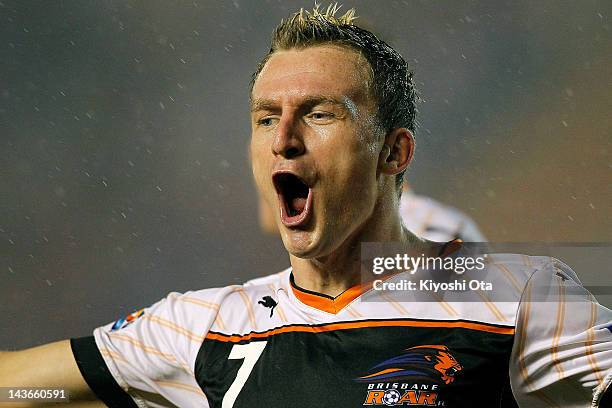 Besart Berisha of the Roar celebrates his goal against FC Tokyo during the AFC Asian Champions League Group F match between FC Tokyo and Brisbane...