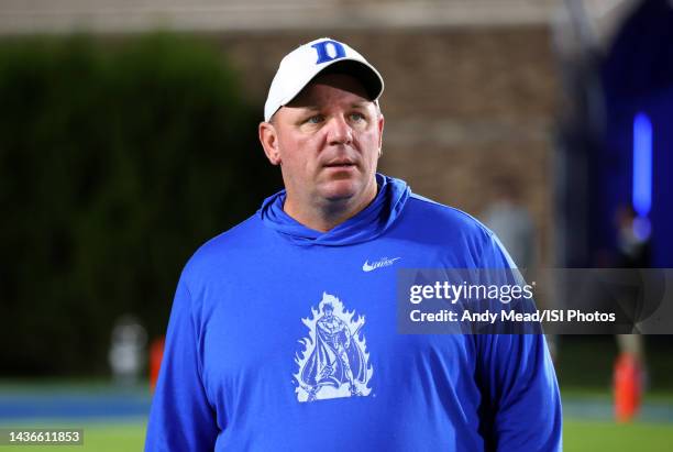 Head coach Mike Elko of Duke University before a game between North Carolina and Duke at Wallace Wade Stadium on October 15, 2022 in Durham, North...