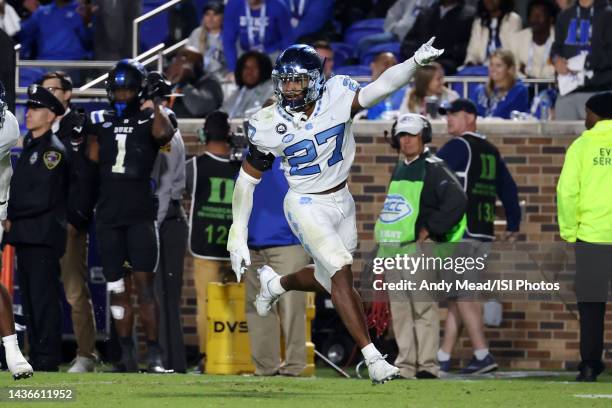 Giovanni Biggers of the University North Carolina celebrates after stopping a Duke run short on fourth down during a game between North Carolina and...