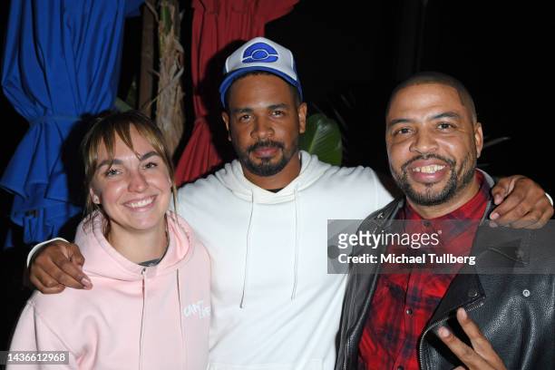 Host Caitlin Benson and comedians Damon Wayans Jr. And Ocean Glapion attend "Mama Shelter X Can't Even Comedy" at Mama Shelter on October 25, 2022 in...