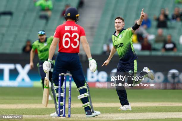 Josh Little of Ireland celebrates the wicket of Jos Buttler of England during the ICC Men's T20 World Cup match between England and Ireland at...