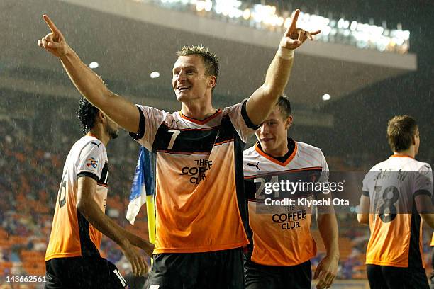 Besart Berisha of the Roar celebrates his goal against FC Tokyo during the AFC Asian Champions League Group F match between FC Tokyo and Brisbane...