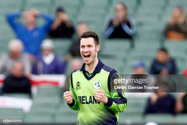 George Dockrell of Ireland celebrates the wicket of Harry Brook of England during the ICC Men's T20 World Cup match between England and Ireland at...