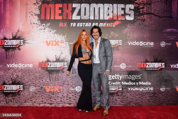 Bárbara de Regil and Fernando Schoenwald pose for a photo during the red carpet for the movie 'MexZombies' at Cinepolis Oasis on October 25, 2022 in...