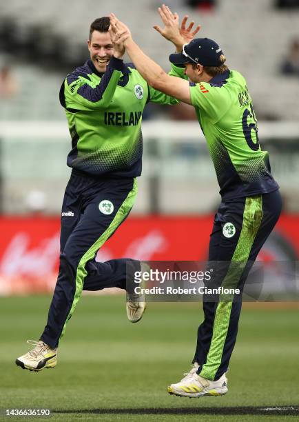 George Dockrell of Ireland celebrates taking the wicket of Harry Brook of England during the ICC Men's T20 World Cup match between England and...